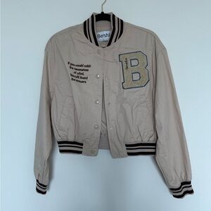 Bershka Cream Varsity Jacket with Embroidered Patch